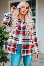 Fiery Red Geometric Plaid Print Pocketed Shacket - $30.20