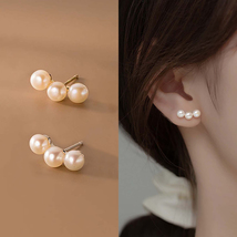 Triple Pearl Stud Earrings For Women Dainty Pearl Earrings Studs Fine Jewerlry - £11.19 GBP
