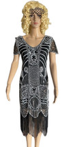 Beautiful 20s Flapper Dress Black with White Lace Sequins and Beads Great Gatsby - £40.19 GBP