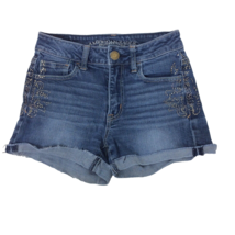 American Eagle Outfitters Stretch Denim Embellished Short Shorts Raw Hem Size 0 - £11.22 GBP