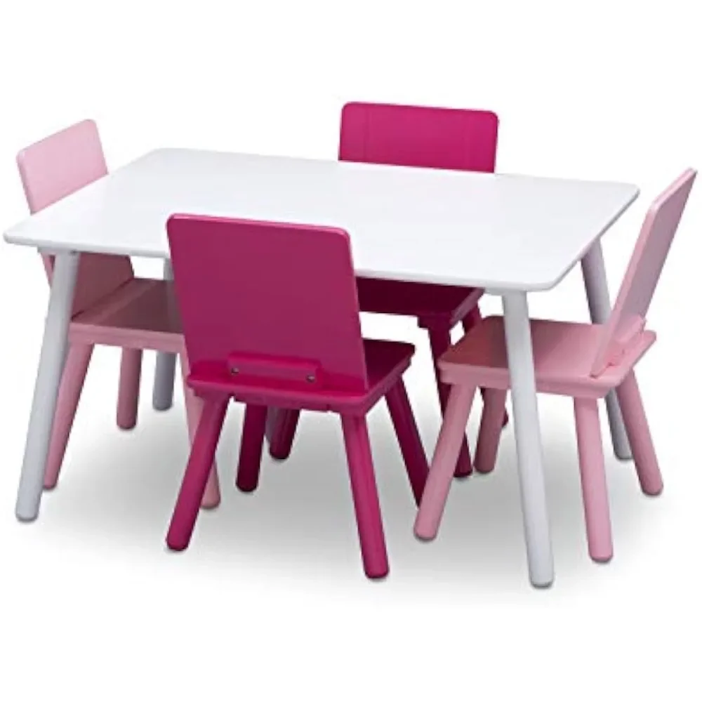 Kids Table and Chair Set (4 Chairs Included) White/Pink Children&#39;s Desk ... - £107.77 GBP