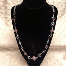 Vintage Silver Dot Stone, Pink Glass, &amp; Iridescent Crystal Necklace - $22.72