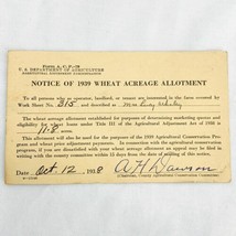 Vintage 1939 US Department Of Agriculture Notice of Wheat Acreage Allotment Card - £7.48 GBP