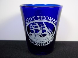 Saint Thomas Virgin Islands souvenir ceramic shot glass white on blue Sc... - $7.78