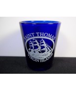 Saint Thomas Virgin Islands souvenir ceramic shot glass white on blue Sc... - $7.78