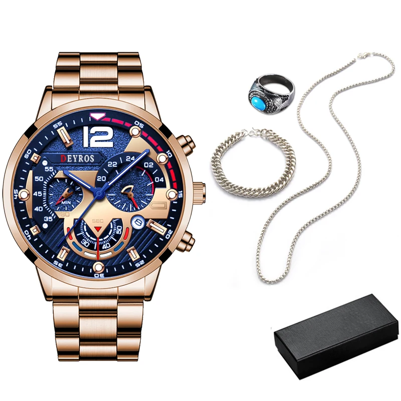 5pcs Set celet Neck Ring Mens  Fashion  Men Stainless Steel Wristwatch Man Busin - £79.23 GBP