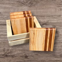Handcrafted Coasters Set Maple with Two Stripes of Cherry Square Round O... - $552.08 MXN