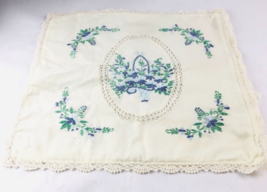 Embroidered Vintage Blue Floral Basket Pillow Cover 17&quot;x17” Off White NO BACK - £19.56 GBP