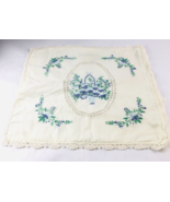 Embroidered Vintage Blue Floral Basket Pillow Cover 17&quot;x17” Off White NO... - £19.20 GBP