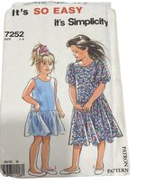 Simplicity 7252 Girls’ Dress Sewing Pattern Sizes 4-8 1991 Easy Gathered... - $2.88