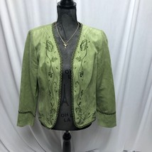 DJ Co Jacket Womens Medium Green Embroidered Open Front Lined Blazer - £13.93 GBP