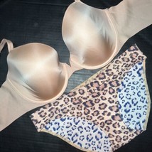 Victoria&#39;s Secret Trägerlos 34DDD Bh Set M Höschen Beige Schwarz Tier Aufdruck - £58.15 GBP