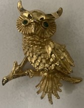 Vintage 60&#39;s 70&#39;s MONET Owl Brooch Pin w Green Rhinestone Eyes Gold Tone Setting - $14.99