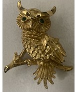 Vintage 60&#39;s 70&#39;s MONET Owl Brooch Pin w Green Rhinestone Eyes Gold Tone... - $14.99