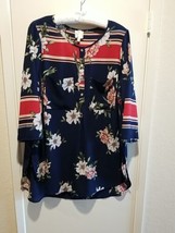 Fig &amp; Flower Anthropologie Top Women 2X Blue Red Floral Boho Tunic Blouse Top - £26.51 GBP
