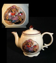 Childrens Toy Teapot Japan 3 Mice Mommy Mouse Transferware Cream &amp; Brown Vintage - £17.97 GBP