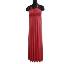 Moa Moa Coral Pink Maxi Halter Dress-Faceted Faux Jewels Trim Neckline Sz Large - £27.86 GBP