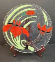 Sydenstricker Fused Glass Clear Dinner Plate Red Iris Signed 8.5&quot; - £14.78 GBP