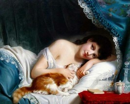 Vintage Wall Decor Beauty with A Cat Painting Picture Printed Canvas Giclee - £6.90 GBP+