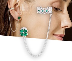 Shamrock ear cuff with chain silver, lucky shamrock earrings - $73.00