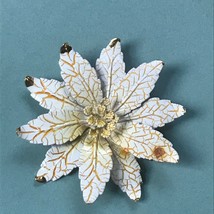 Vintage Large Cream Enamel w Vein Gilt Accents Layered Poinsettia Flower Pin Bro - £9.08 GBP