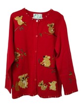 Quacker Factory Sweater Women&#39;s Medium Red Koala Bear Appliques Vintage 90s - £23.58 GBP