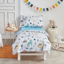 4 Piece Toddler Bedding Set, Cute Dinosaur On Light Blue, Ultra Soft Microfiber  - £36.75 GBP