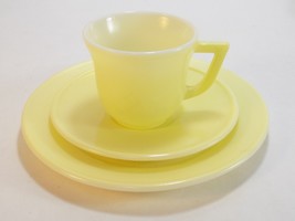 Vintage Hazel Atlas Milk Glass Little Hostess Tea Cup Saucer Plate Pastel Yellow - £15.81 GBP