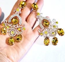 Rhinestone Statement Earrings, Chandelier Drop Earrings, Yellow Pageant Earrings - £37.94 GBP