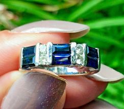 2.5Ct Baguette Cut Blue Sapphire &amp; Diamond Wedding Band Ring 14k White Gold Over - £74.73 GBP