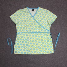 Cherokee Studio Women&#39;s Scrub Top Size Small Mock Wrap Green Blue Flower - £9.81 GBP