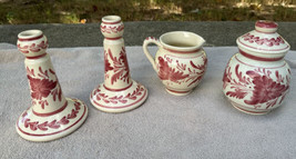 Hand Painted Pottery from Greece Rose Ivory Candlesticks Cream &amp; Sugar S... - £23.33 GBP