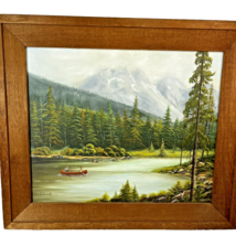 Oil Painting Mountains Stream Canoe Impressionist Landscape Framed 26x30 Vintage - £157.37 GBP