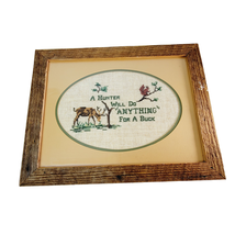 Framed Print Cross Stitch Deer Hunters 14 x 17 Vintage Handmade Rustic Wood - £15.55 GBP