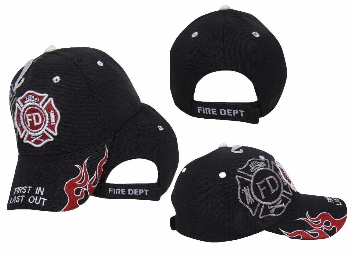 Fire Department Dept First In Last Out Shadow Black Embroidered Cap Hat