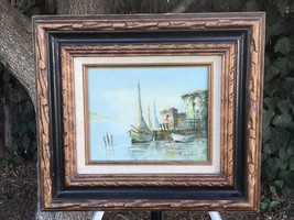 CORDEN Original Vintage Oil on Canvas Mid Century Modern Framed Harbor Seascape - £183.85 GBP