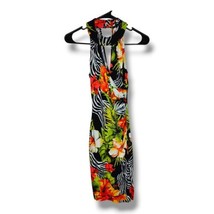 Cache XS Midi Dress Bodycon Tropical Flowers Stretch Faux Wrap Ruched Halter Top - £22.95 GBP