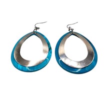 Pierced Teardrop Shaped Earrings Statement Silver Tone Aqua Blue Acrylic - £5.43 GBP