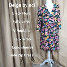 Beige By Eci Black Floral Print Faux Wrap Lined V Neckline Side Zip Dress... - £14.14 GBP