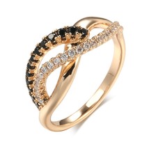 Hot Black White Natural Zircon Wave Ring for Women Fashion 585 Rose Gold Crystal - £7.06 GBP