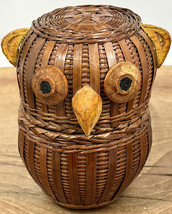 Vintage Woven Wicker Owl Basket - Lidded Canister 4.25” Stash Jar Trinkets  - £14.94 GBP