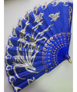 Gold &amp; Blue Large Lace Floral Folding Hand Held Plastic Chinese Fan - $9.69 CAD