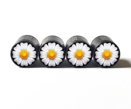 White Daisy Flower Emoji Tire Valve Stem Caps - Black Aluminum - Set of ... - £12.52 GBP