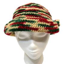 Vintage Handmade Womens Crocheted Christmas Beanie Hat Sparkle Red Green Tan - £14.09 GBP