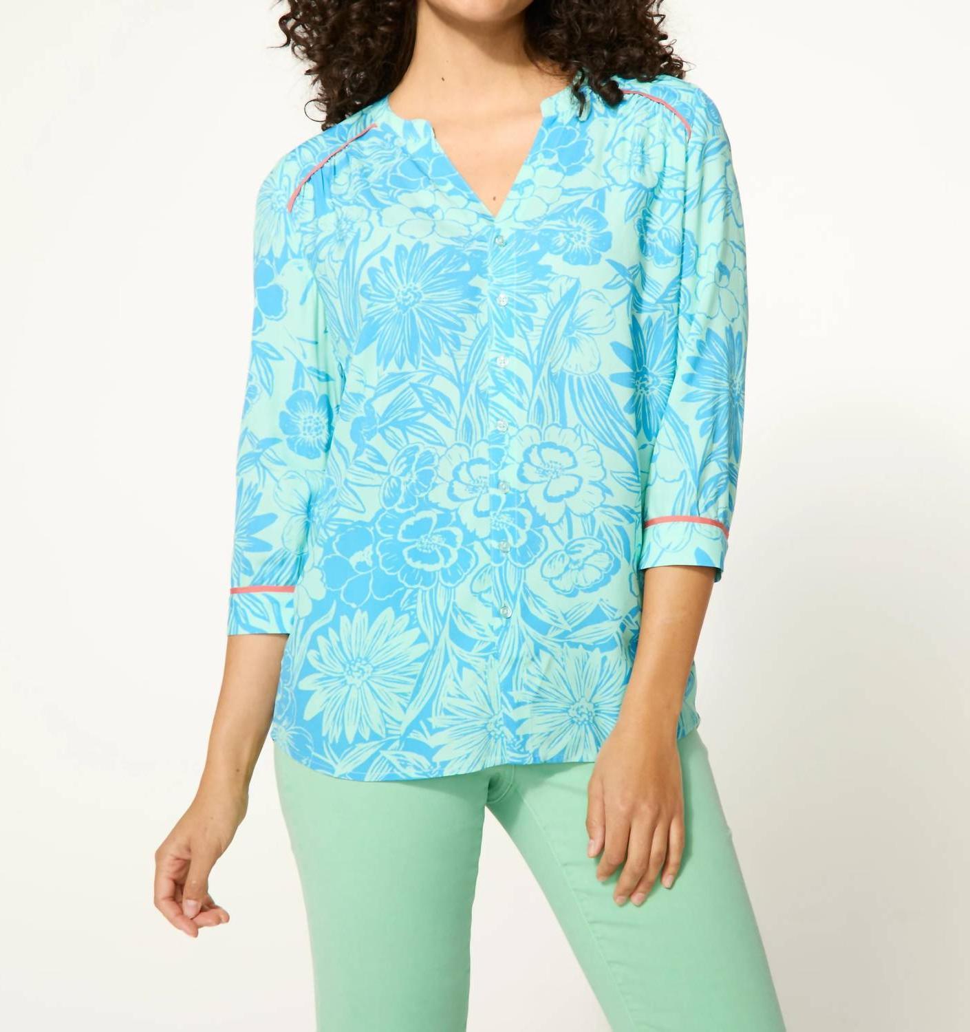 Fdj Piping 3/4 Sleeve V-Neck Shirt Bi-Color Floral - $69.00