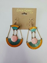 Erica Lyons Gold Tone French Wire Retro Earrings Orange Pink Turquoise Dangle - £10.64 GBP