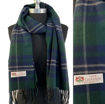 Men Womens 100% Cashmere Scarf Wrap Made in England Plaid Forest blue camel #B - £7.60 GBP