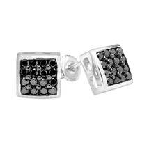 14K Plaqué or Blanc Argent 1/2 CT Simulé Noir Diamants Pavé Boucles D&#39;Oreilles - £33.47 GBP