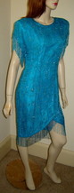LEW MAGRAM COLLECTION Turquoise Beaded/Sequined Fringed Silk Evening Dre... - $176.30