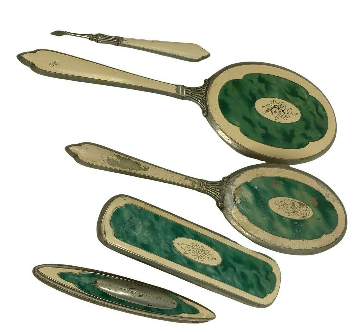 Primary image for Vintage Vanity Set Metal Brush Mirror Buffer Green Deco nouveau floral shabby